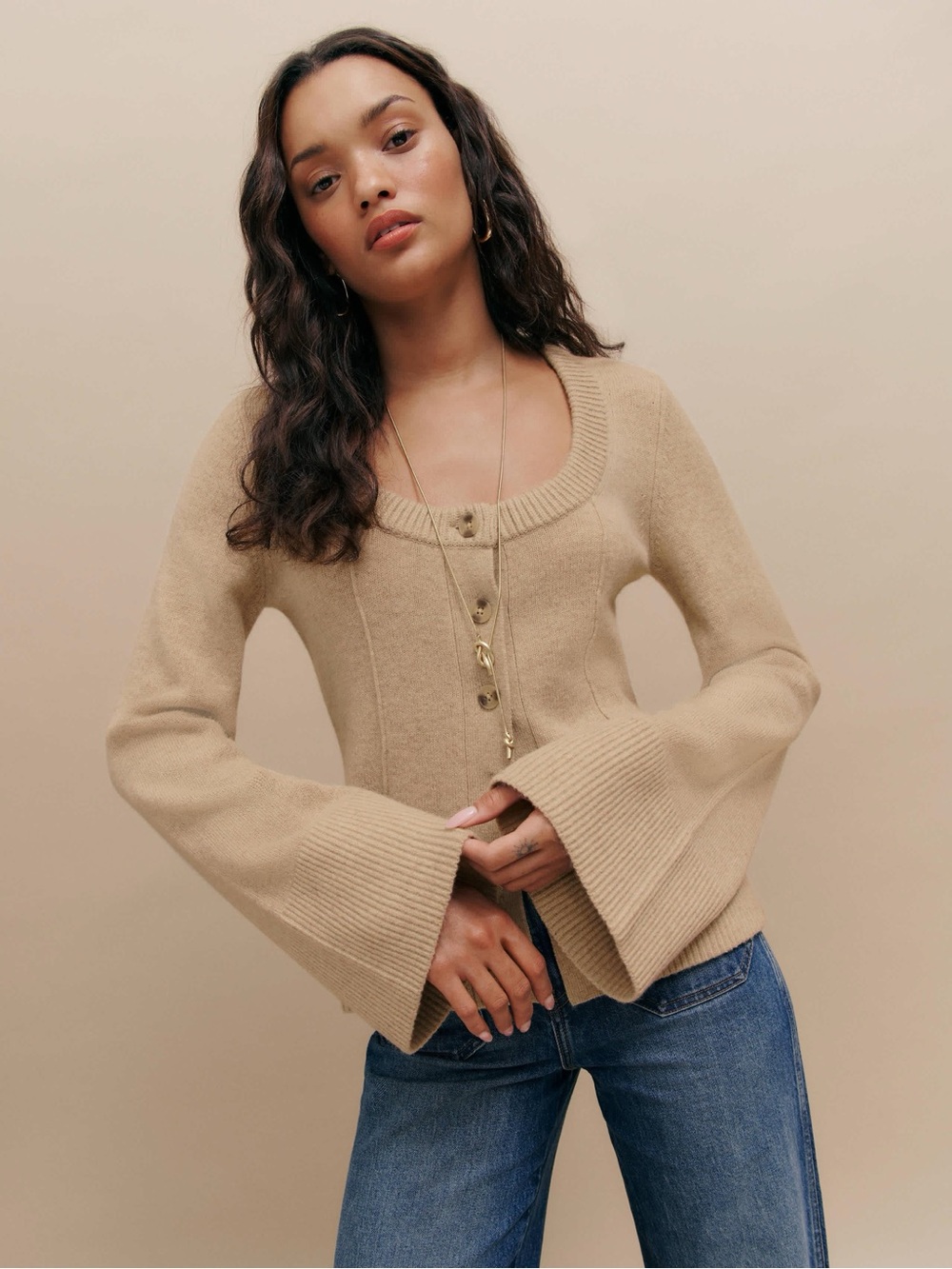 Reformation Beige Scoop Neck Button-Front Bell Sleeve Sweater